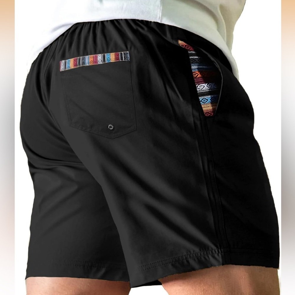 Black Athletic Swim Shorts with Colorful Aztec Trim